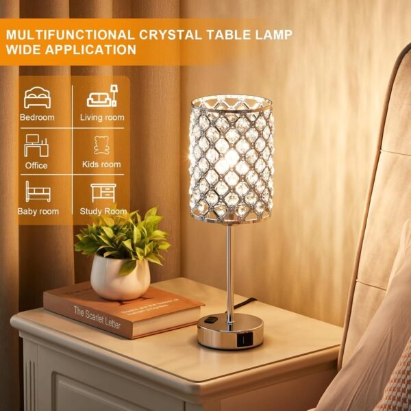 able Lamps for Bedroom Set of 2-Crystal Table Lamp with USB C+A Ports & AC Outlet Sliver Nightstand Touch Lamp with 3-Way Dimmable Bedside Side Desk Lamp for Living/Bedroom (LED Bulb Included) - Image 4