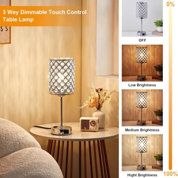 able Lamps for Bedroom Set of 2-Crystal Table Lamp with USB C+A Ports & AC Outlet Sliver Nightstand Touch Lamp with 3-Way Dimmable Bedside Side Desk Lamp for Living/Bedroom (LED Bulb Included) - Image 2