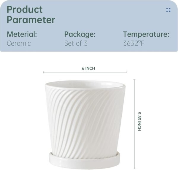 Ton Sin Plant Pots,White 6 Inch Flower Pots for Plants,Ceramic Planter with Drainage - Image 4