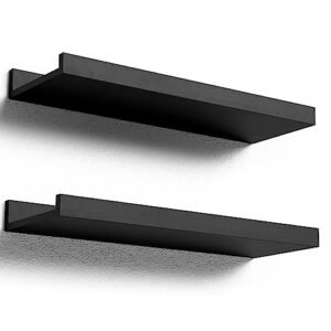 Boswillon Floating Shelves Wall Mounted Set of 2, Modern Black Wall Shelves for Storage with Lip, Display Picture Ledge Shelf for Wall Decor Bedroom Living Room Bathroom Kitchen