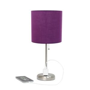 Simple Designs LT1144-PRP Sleek and Slender Brushed Steel Table Lamp with Charging Outlet, for Bedroom, Living Room, Entryway, Office, Dining Room, Study, Purple Shade